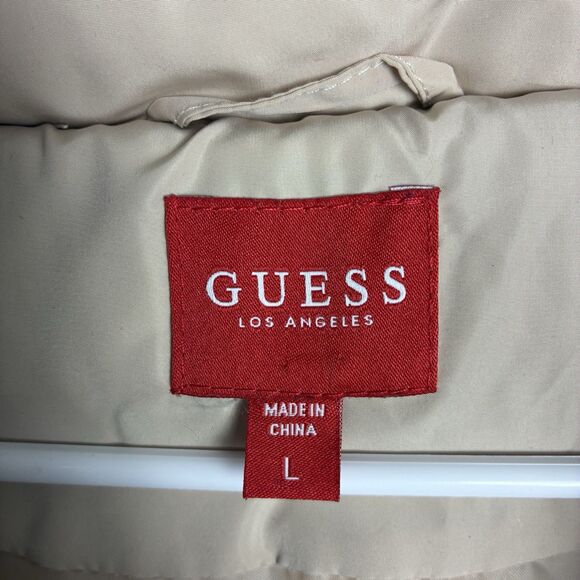 GUESS Hooded Puffer Coat Faux Fur Hood Women’s L Tan Jacket Insulated Y2K Winter - Picture 12 of 14